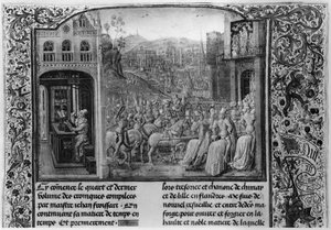 T.4 fol.1 G: Froissart écrivant sa chronique, D: Isabelle de Bavière (1371-1435) entrant à Paris en 1389, de la Chronique de Froissart, 1472 - French School